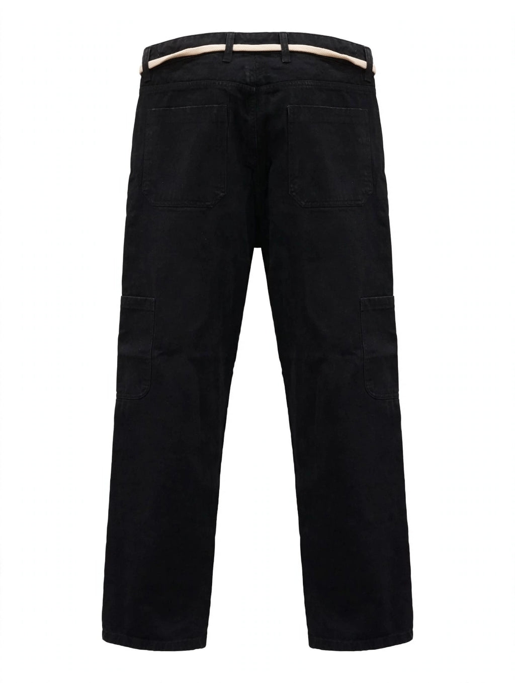 Jet Black Straight Loose Cargo Jeans – 6 Pocket Open Design | Rope Belt | Panel Edition