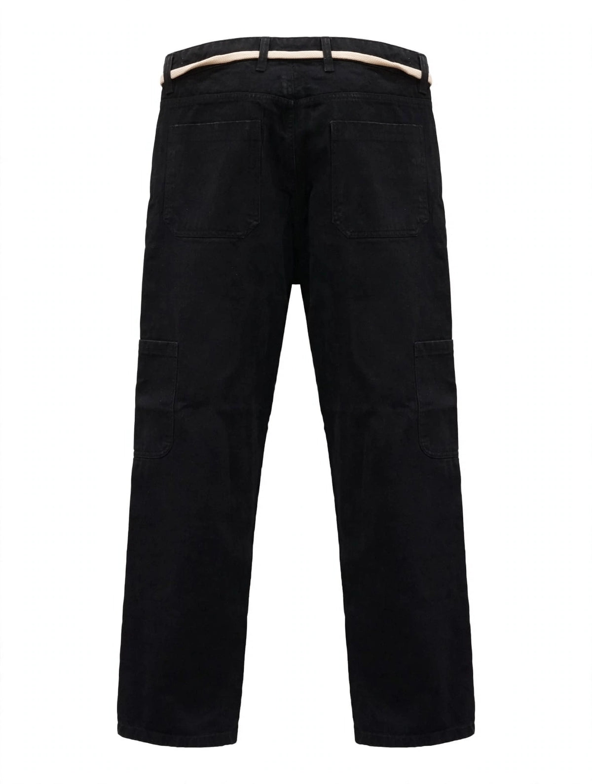 Jet Black Straight Loose Cargo Jeans – 6 Pocket Open Design | Rope Belt | Panel Edition