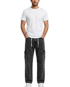 Premium Acid Wash Grayish Black Straight Loose Cargo Jeans – Flap Cargo Pockets | Drawstring Edition | Heavy Faded