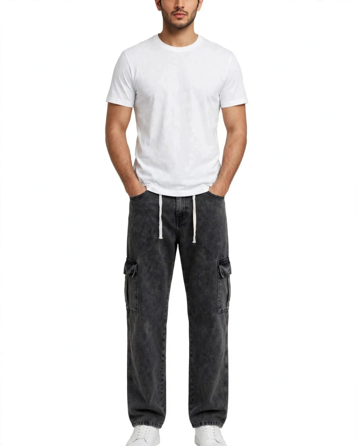Premium Acid Wash Grayish Black Straight Loose Cargo Jeans – Flap Cargo Pockets | Drawstring Edition | Heavy Faded