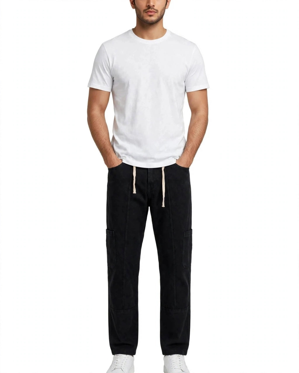 Jet Black Straight Loose Cargo Jeans – 6 Pocket Open Design | Rope Belt | Panel Edition