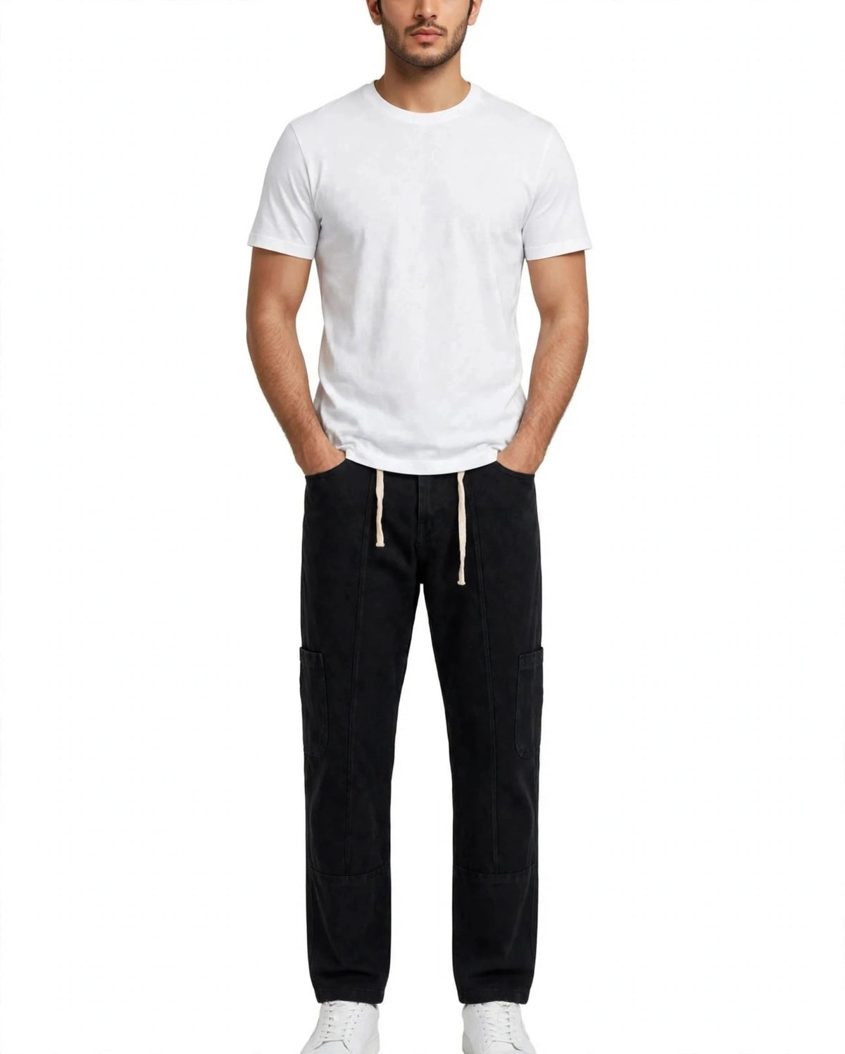 Jet Black Straight Loose Cargo Jeans – 6 Pocket Open Design | Rope Belt | Panel Edition