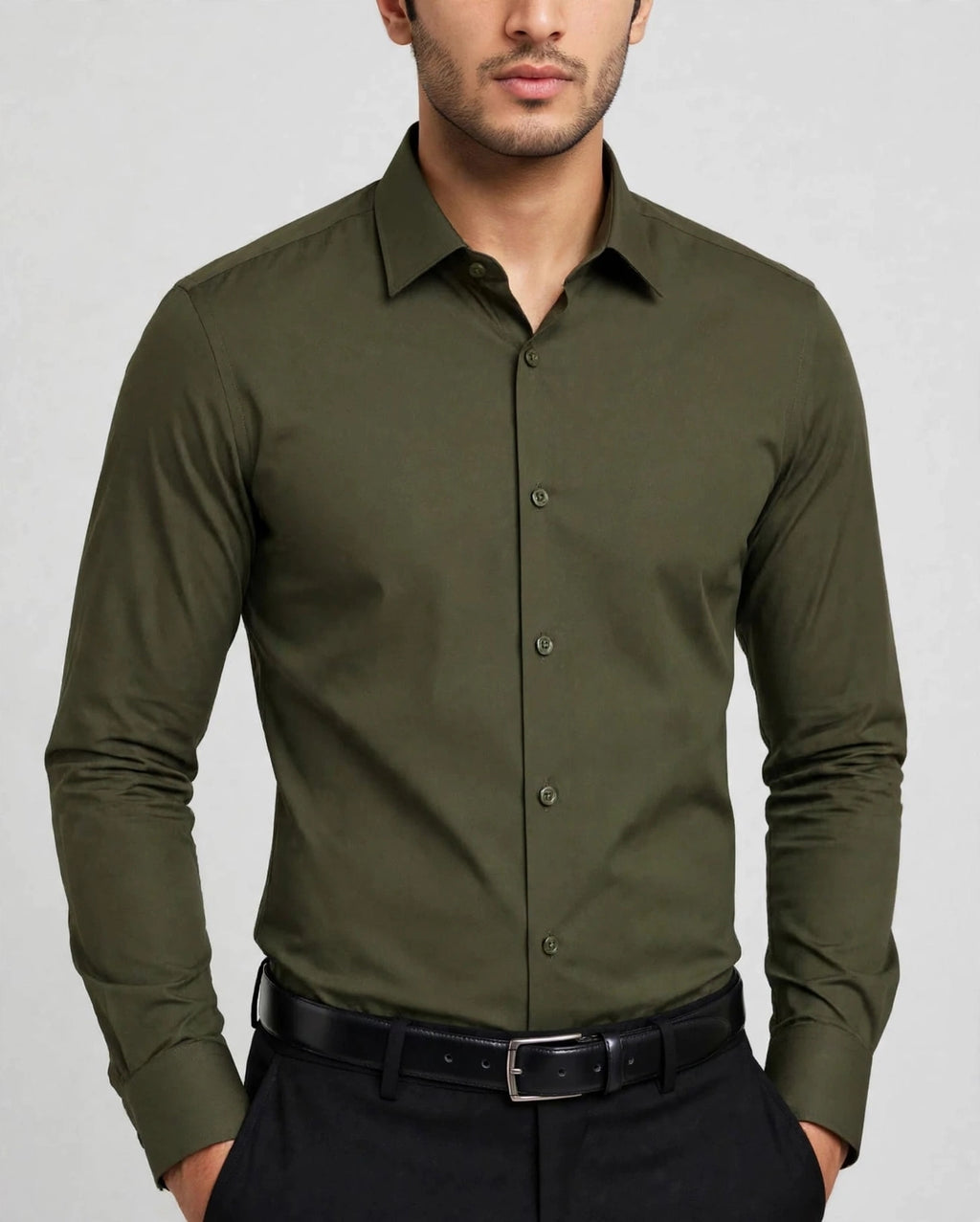 BLACK STUDIO Olive Green Formal Dress Shirt - Slim Fit - Single Button Cuff
