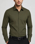 BLACK STUDIO Olive Green Formal Dress Shirt - Slim Fit - Single Button Cuff