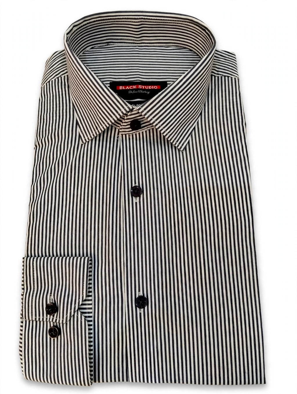 BLACK STUDIO Slim Fit Formal Shirt - White with Thin Gray Black Pinstripe