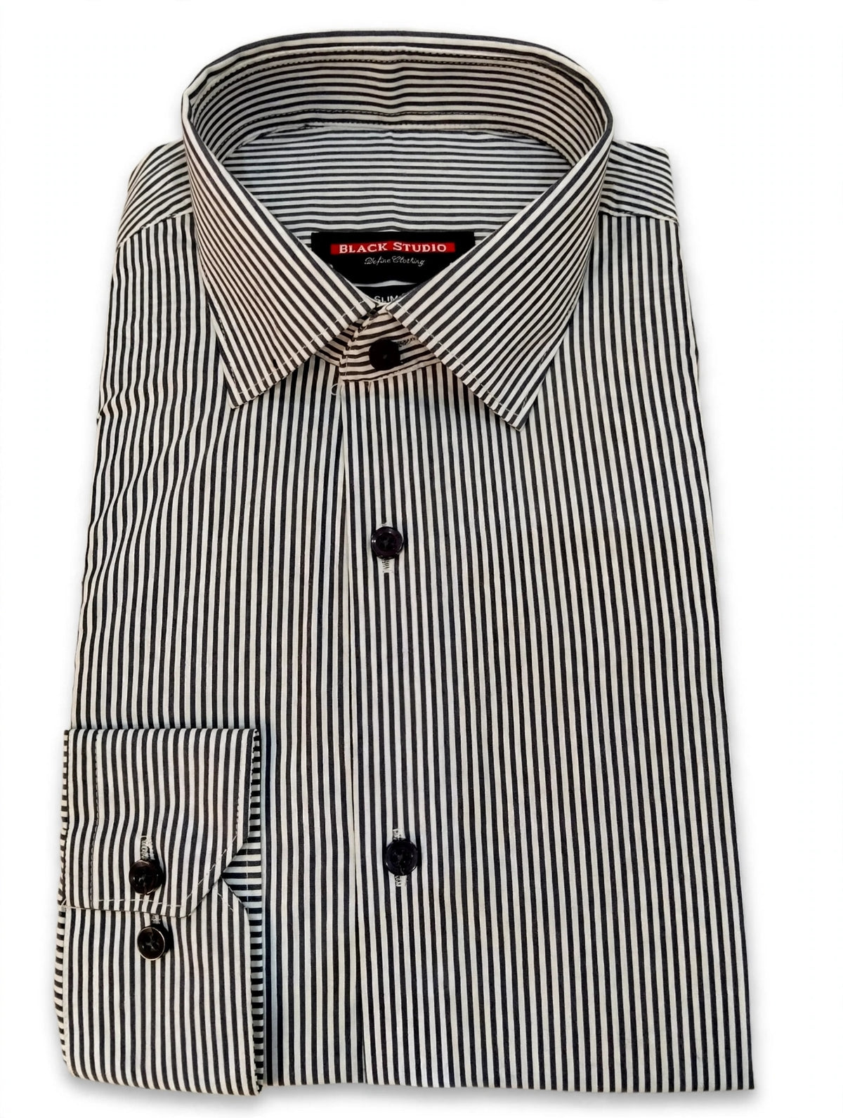 BLACK STUDIO Slim Fit Formal Shirt - White with Thin Gray Black Pinstripe