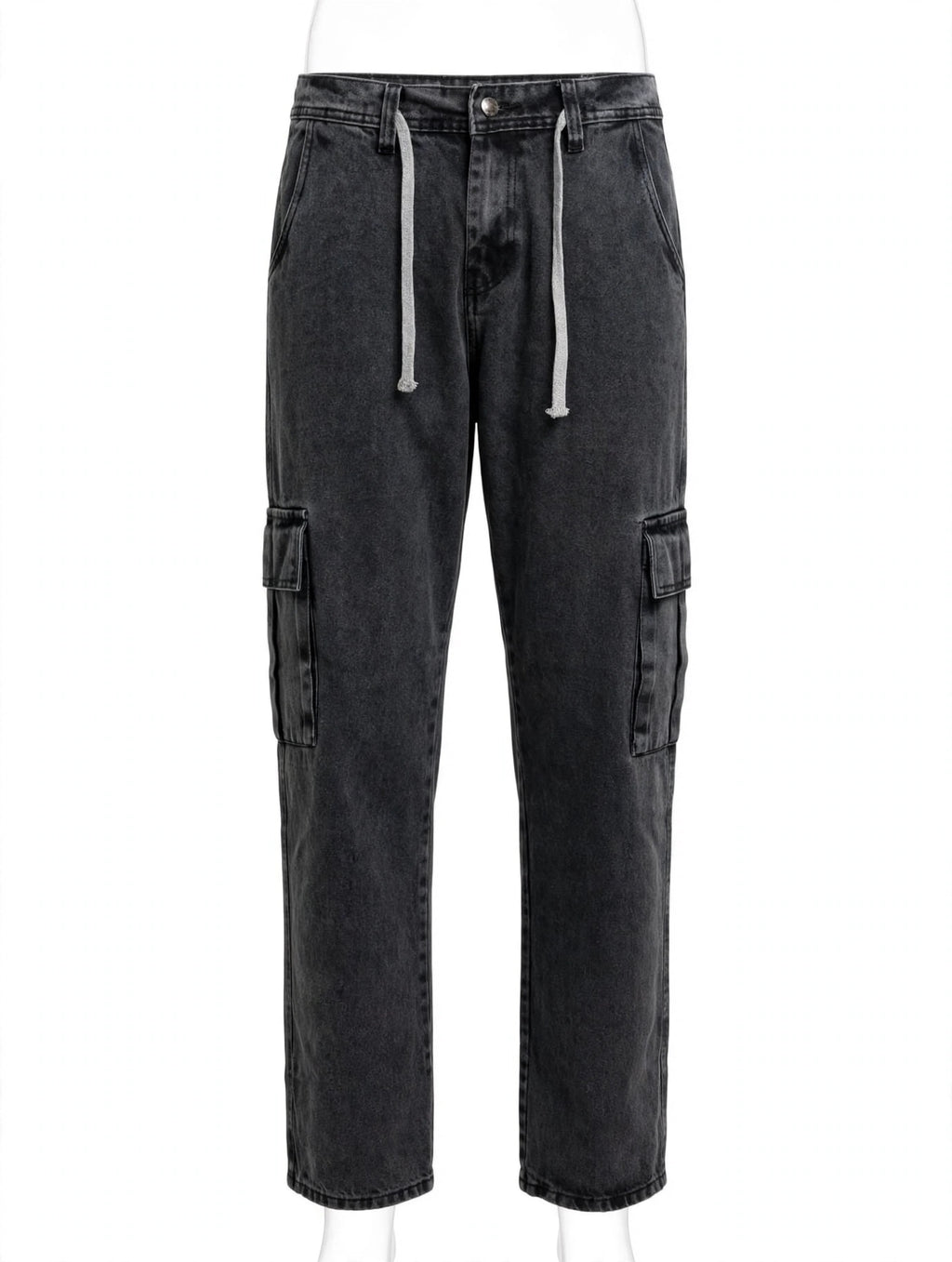 Premium Acid Wash Grayish Black Straight Loose Cargo Jeans – Flap Cargo Pockets | Drawstring Edition | Heavy Faded