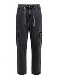 Premium Acid Wash Grayish Black Straight Loose Cargo Jeans – Flap Cargo Pockets | Drawstring Edition | Heavy Faded