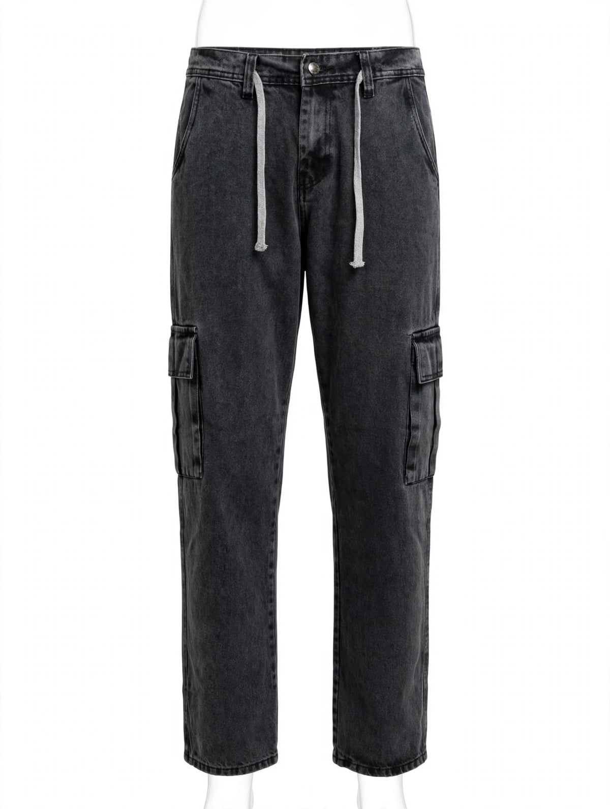 Premium Acid Wash Grayish Black Straight Loose Cargo Jeans – Flap Cargo Pockets | Drawstring Edition | Heavy Faded