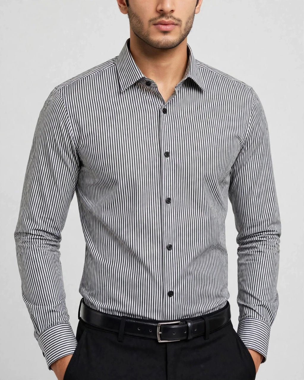 BLACK STUDIO Slim Fit Formal Shirt - White with Thin Gray Black Pinstripe