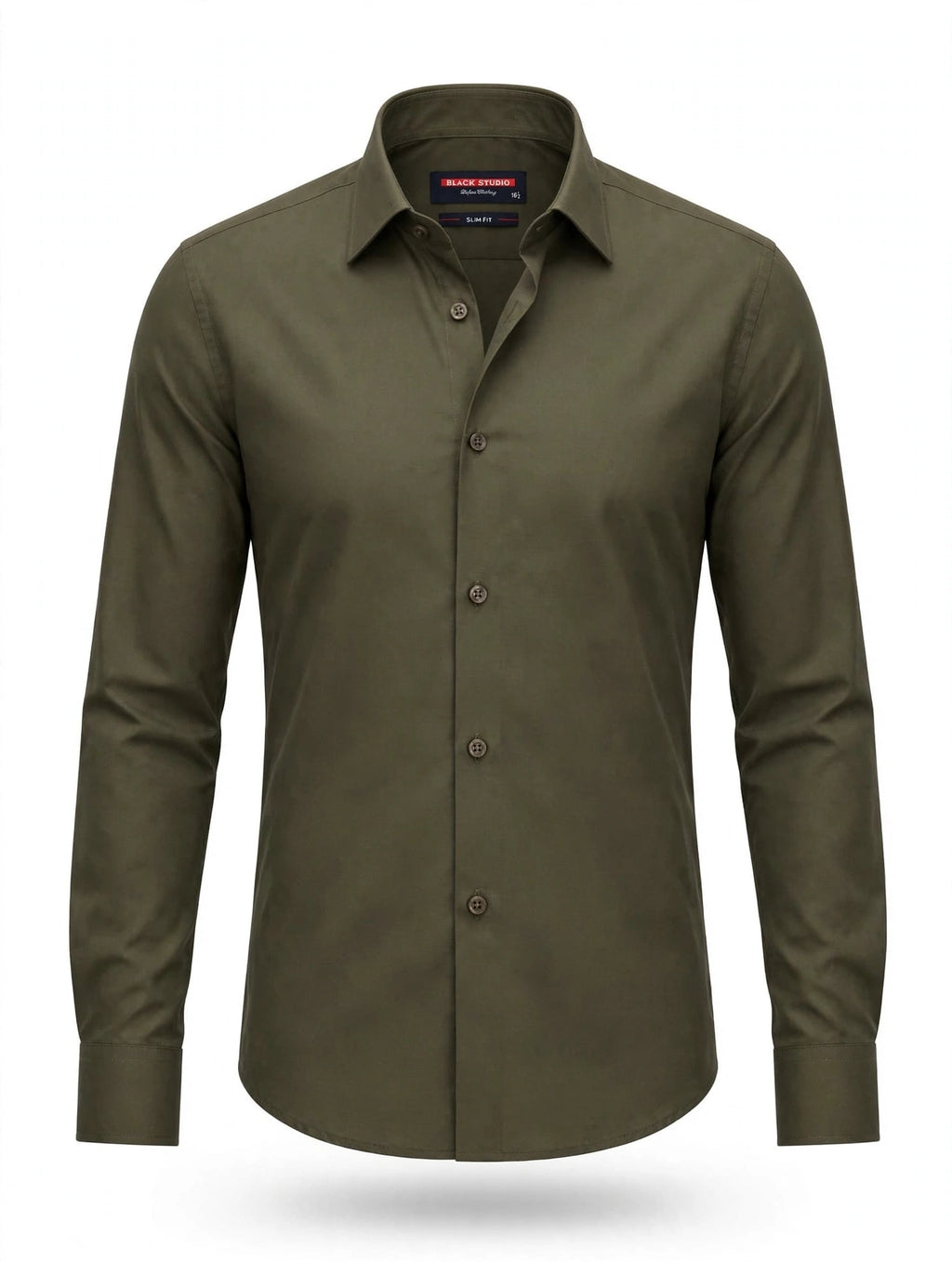 BLACK STUDIO Olive Green Formal Dress Shirt - Slim Fit - Single Button Cuff
