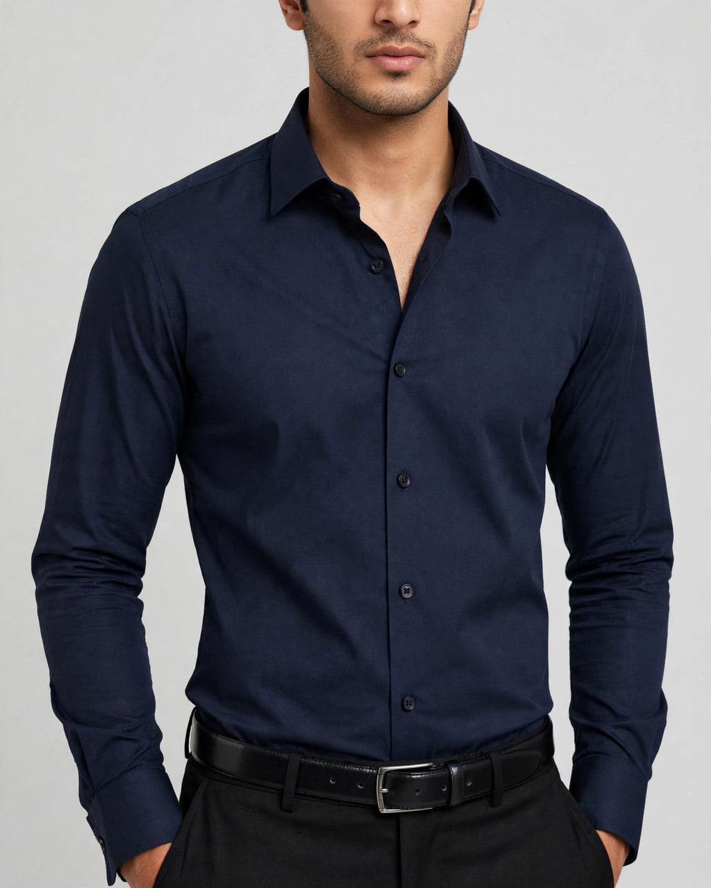 Black Studio Navy Blue Classic Slim Fit Formal Dress Shirt - Premium Cotton