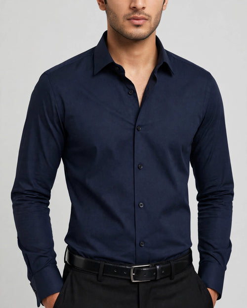 Black Studio Navy Blue Classic Slim Fit Formal Dress Shirt - Premium Cotton