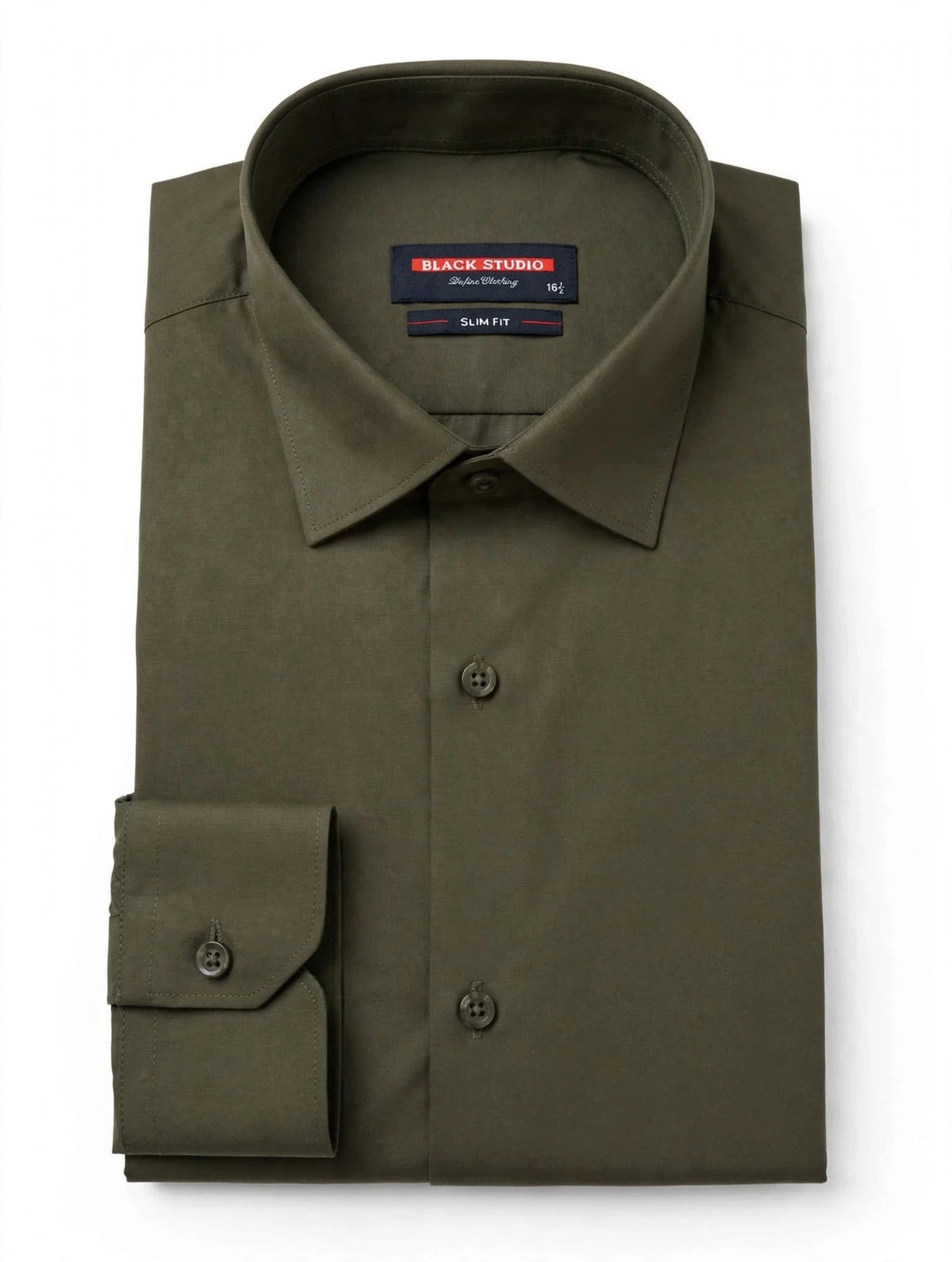 BLACK STUDIO Olive Green Formal Dress Shirt - Slim Fit - Single Button Cuff