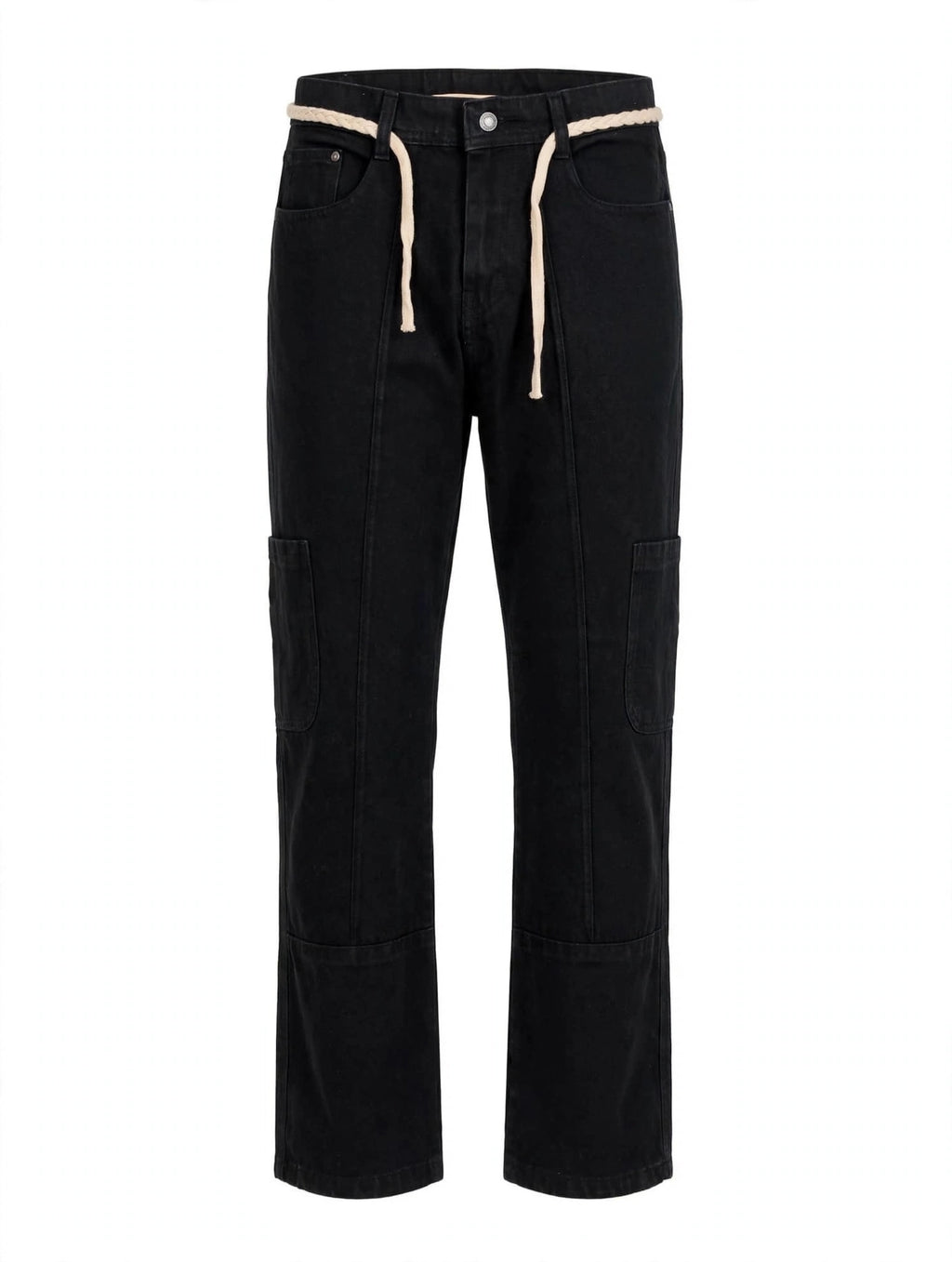 Jet Black Straight Loose Cargo Jeans – 6 Pocket Open Design | Rope Belt | Panel Edition