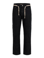 Jet Black Straight Loose Cargo Jeans – 6 Pocket Open Design | Rope Belt | Panel Edition