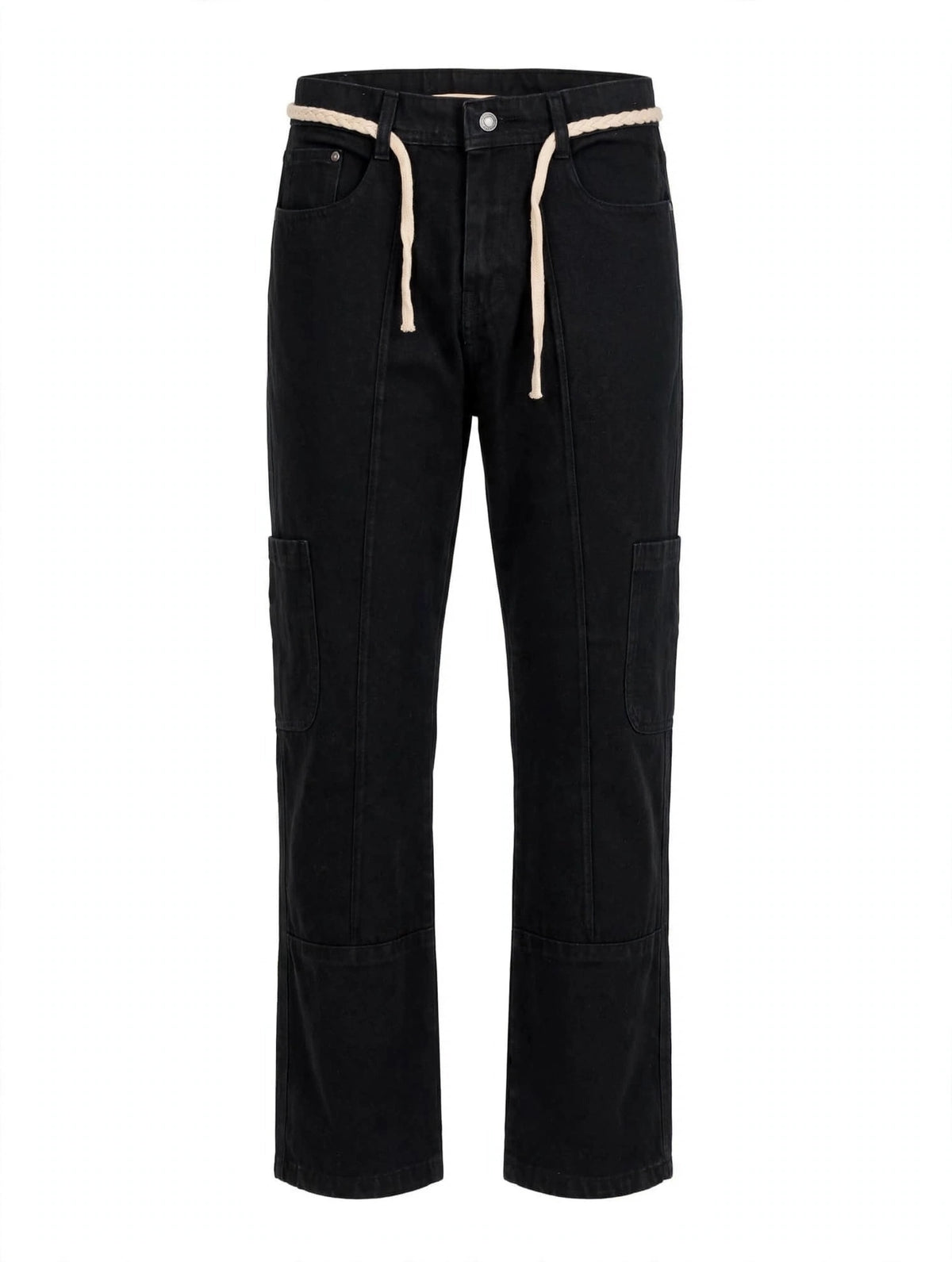 Jet Black Straight Loose Cargo Jeans – 6 Pocket Open Design | Rope Belt | Panel Edition