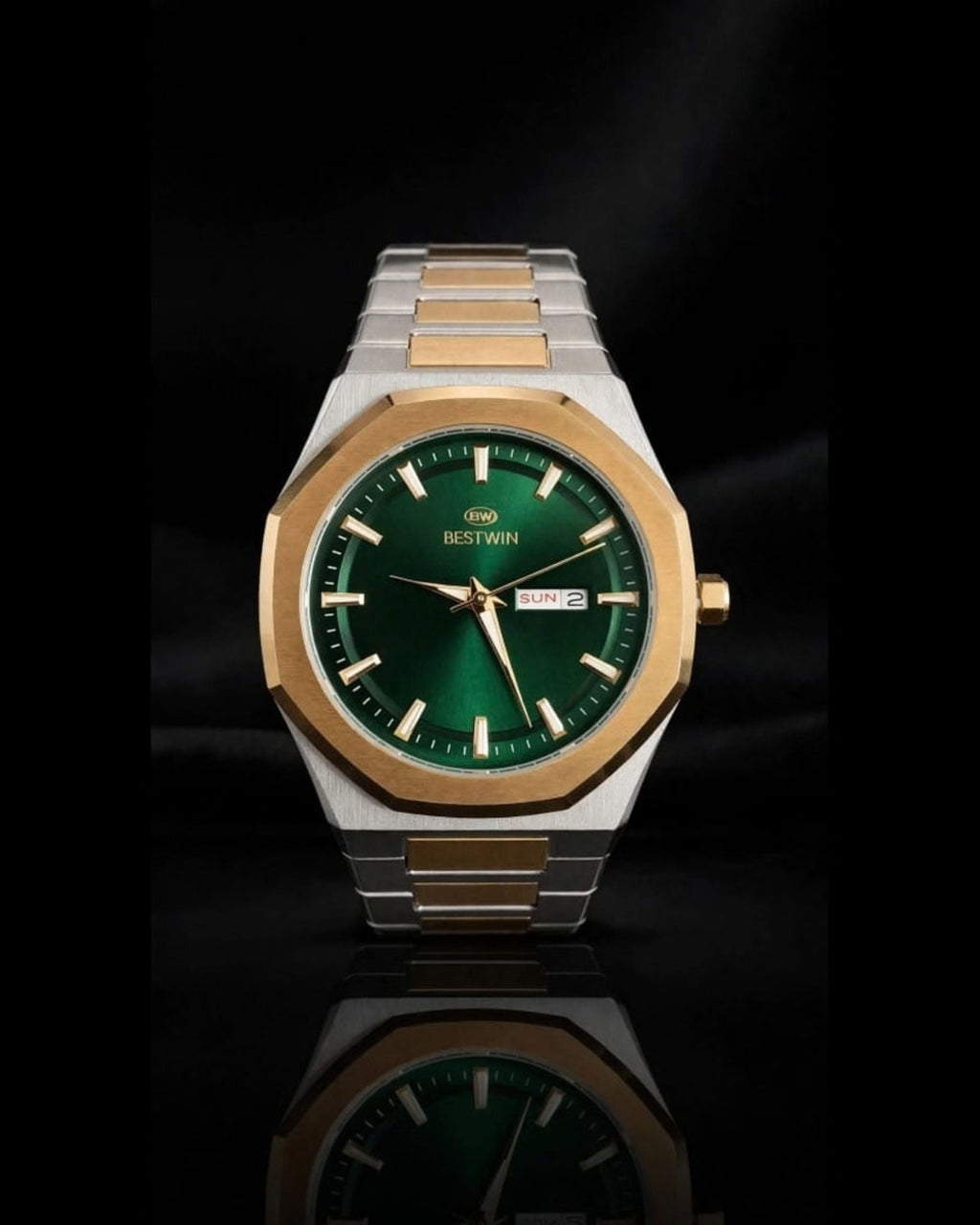 BESTWIN Luxury Men's Watch - Green Dial Day Date Display | Two-Tone Stainless Steel | Automatic Quartz Business Watch for Men