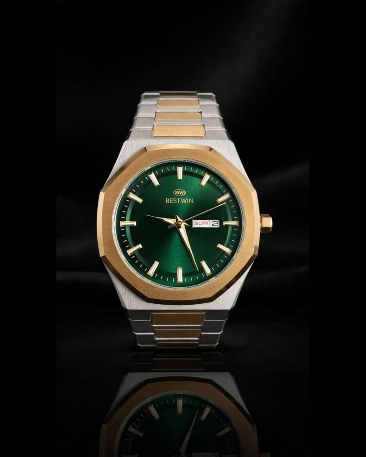 BESTWIN Luxury Men's Watch - Green Dial Day Date Display | Two-Tone Stainless Steel | Automatic Quartz Business Watch for Men