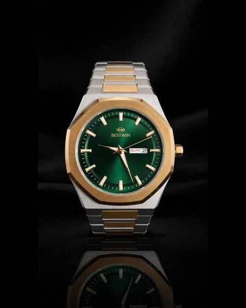 BESTWIN Luxury Men's Watch - Green Dial Day Date Display | Two-Tone Stainless Steel | Automatic Quartz Business Watch for Men