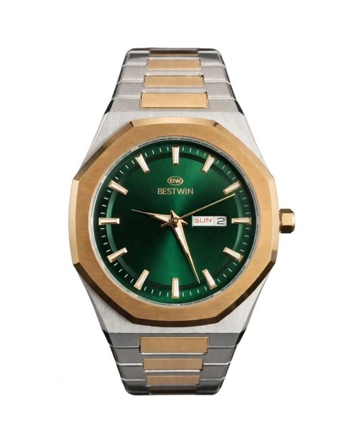 BESTWIN Luxury Men's Watch - Green Dial Day Date Display | Two-Tone Stainless Steel | Automatic Quartz Business Watch for Men
