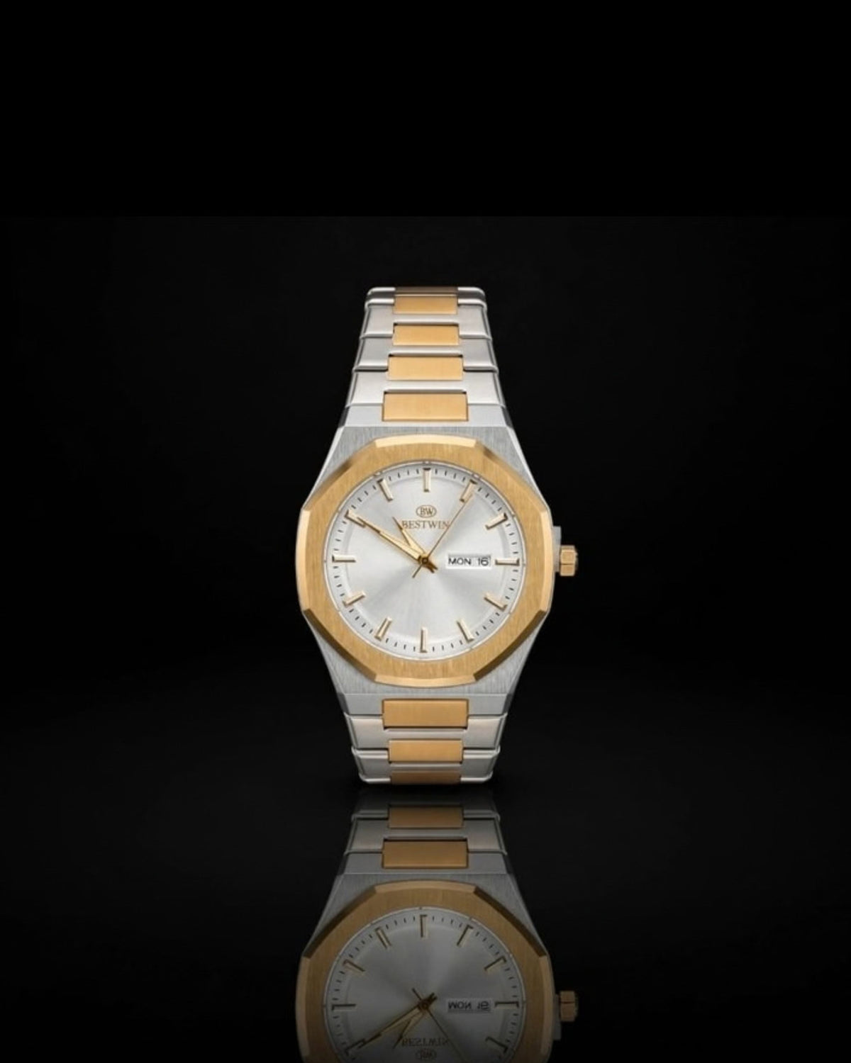 BESTWIN Luxury Two-Tone Watch – Silver & Gold | Day-Date | Stainless Steel | For Men